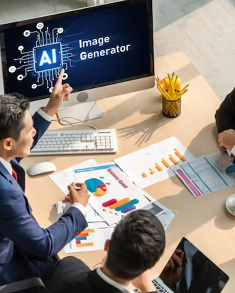 A meeting involving professionals discussing charts and graphs, with a computer screen displaying "AI Image Generator" in the background.