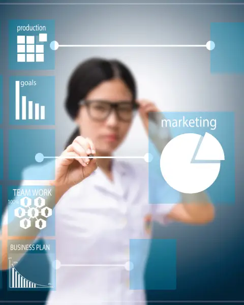 A person interacts with a futuristic interface displaying business metrics like marketing, production, and team goals.