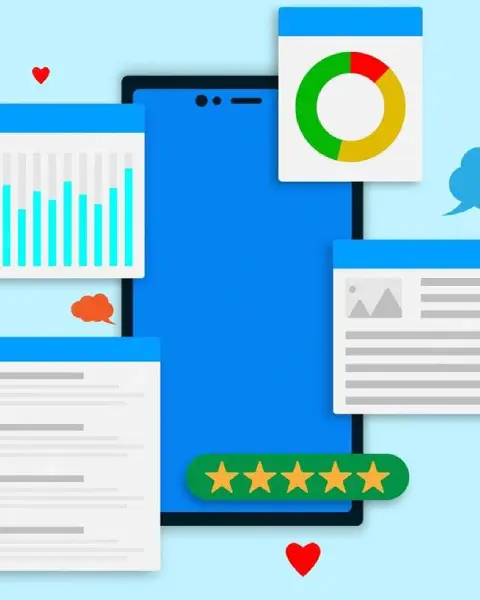 An illustration of a smartphone surrounded by data widgets (bar chart, pie chart, text), a five-star review, and hearts