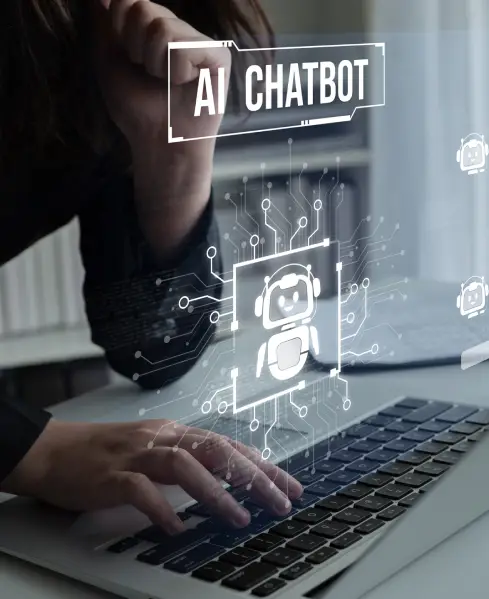 A person typing on a laptop with a transparent overlay displaying an AI chatbot and digital circuitry graphics.